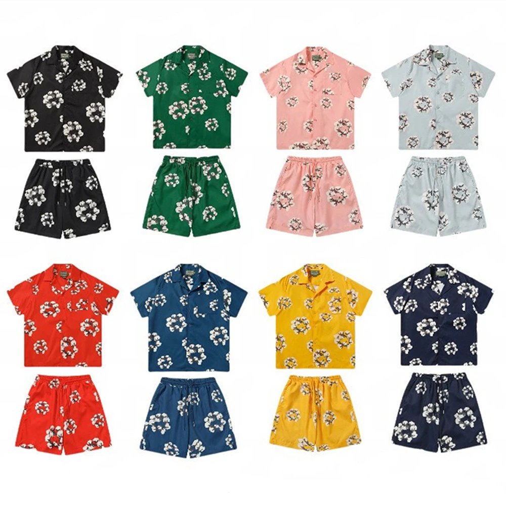 European and American kapok all-over flower short-sleeved shirts for men and women high street shorts casual suits  