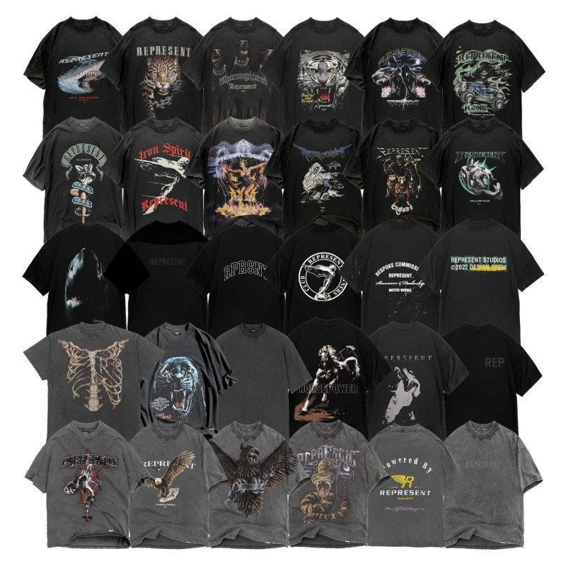 Retro washed distressed Doberman shark print short-sleeved heavyweight T-shirt trendy  