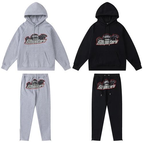 Red thread black tiger head towel embroidery plus velvet hooded sweatshirt with zippered trousers casual suit  