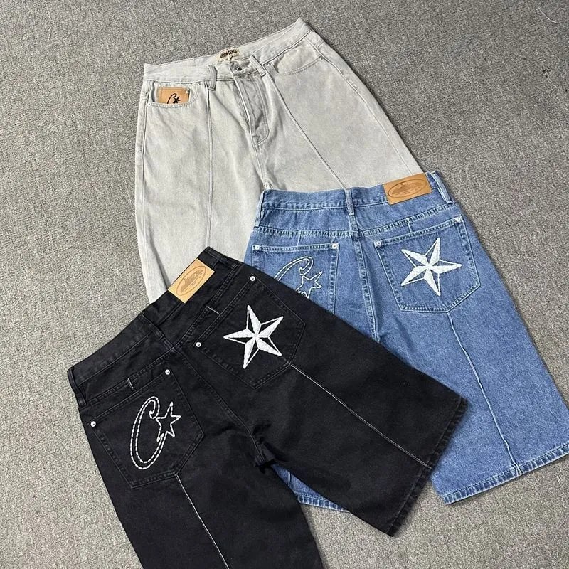 Jeans star embroidered jacket high street retro distressed shorts five-quarter pants trendy  